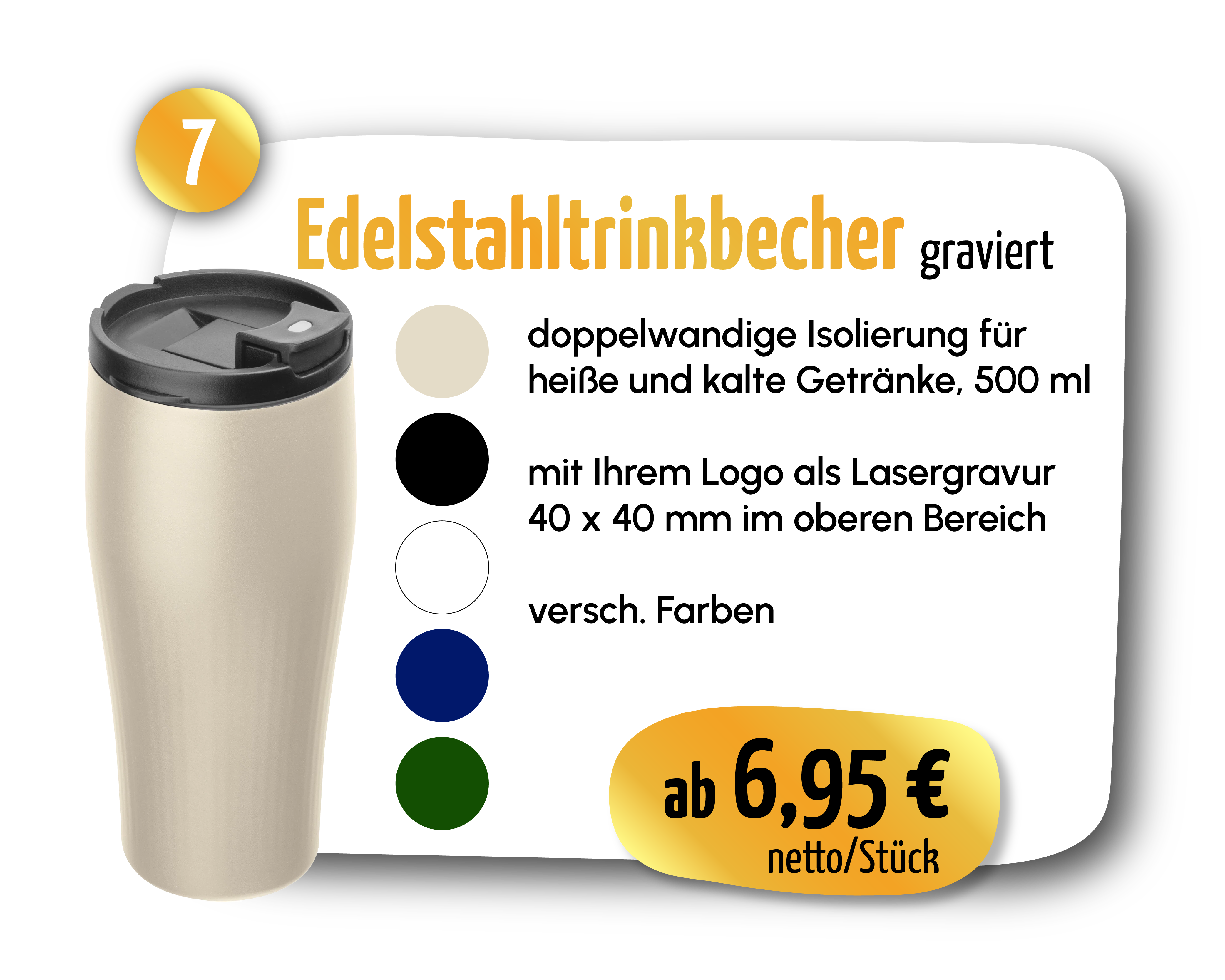 Edelstahltrinkbecher graviert – Doppelwandige Isolierung für heiße und kalte Getränke, 500 ml. ab 6,95 € netto/Stück