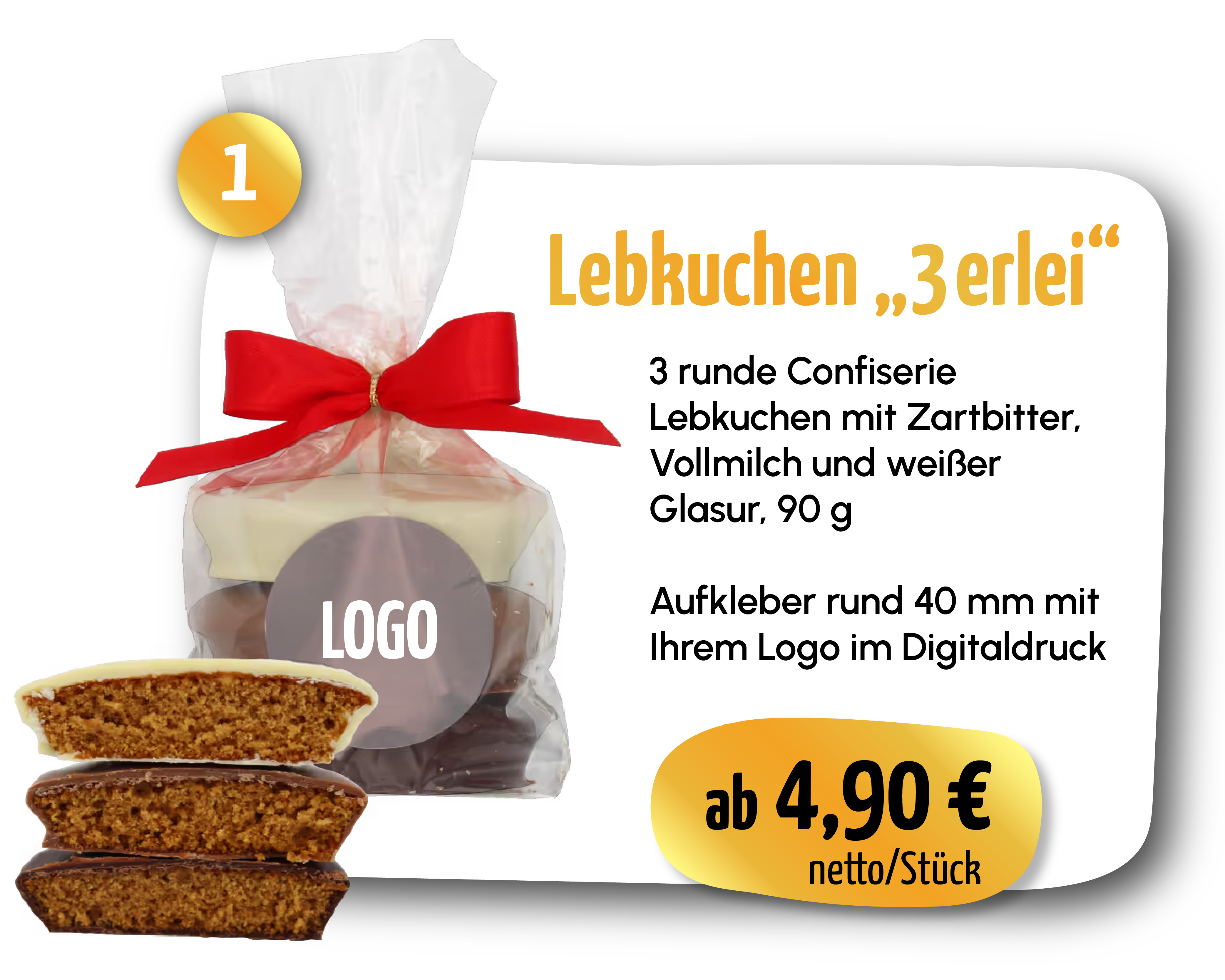 Lebkuchen „3erlei" – 3 runde Confiserie Lebkuchen mit Zartbitter, Vollmilch und weißer Glasur, 90 g. ab 4,90 € netto/Stück