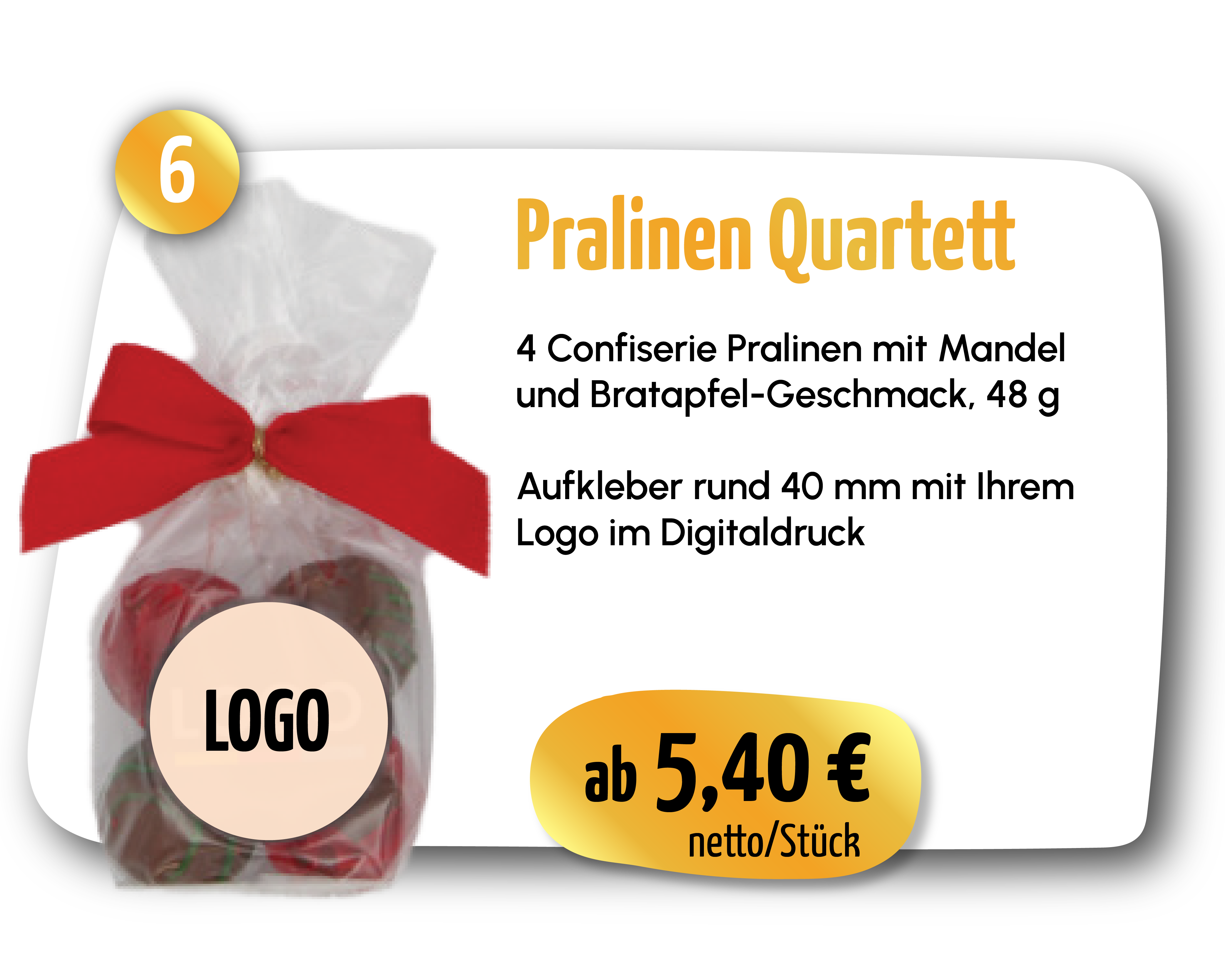 Pralinen Quartett – 4 Confiserie Pralinen mit Mandel- und Bratapfel-Geschmack, 48 g. ab 5,40 € netto/Stück