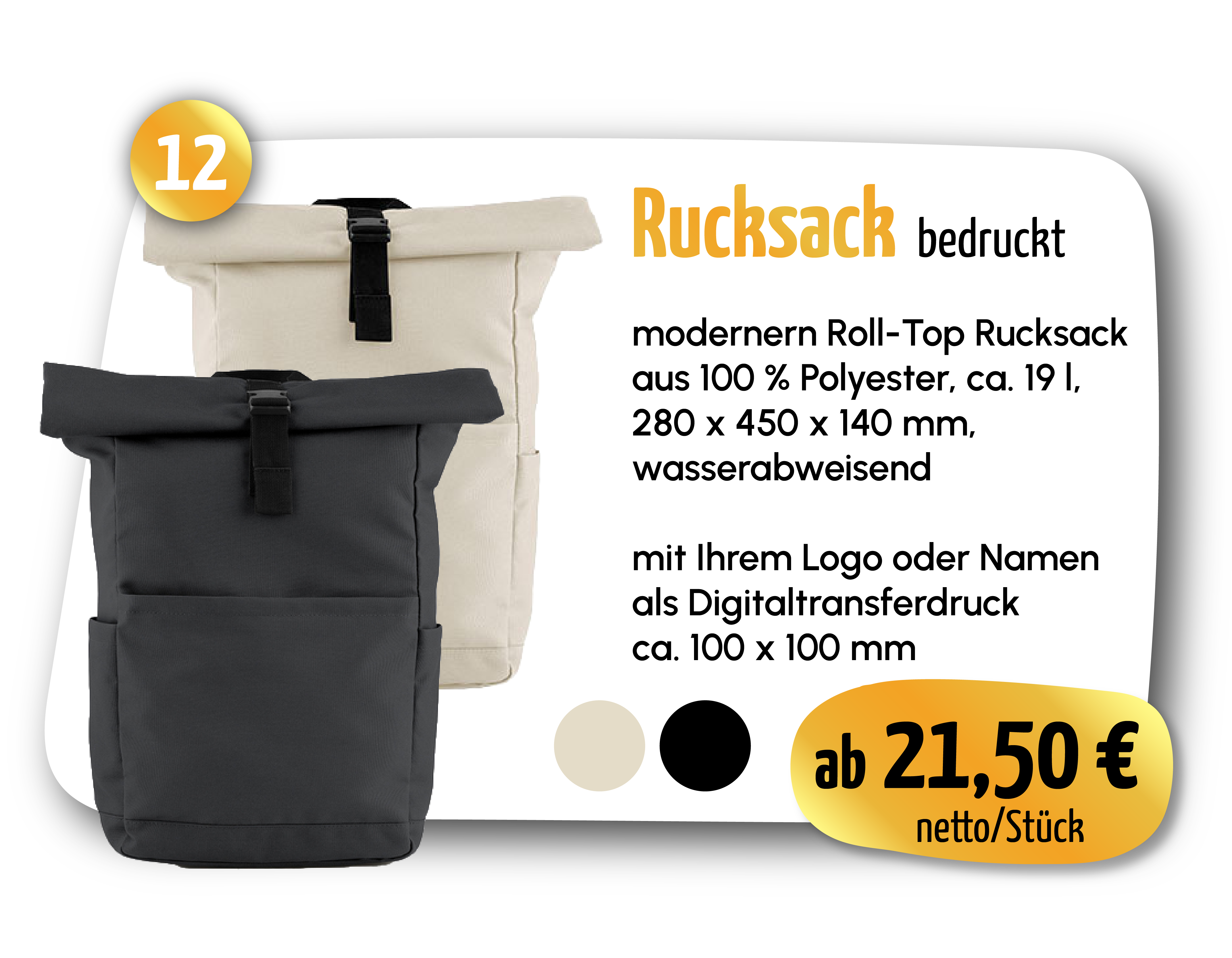Rucksack bedruckt – Moderner Roll-Top Rucksack aus 100 % Polyester, ca. 19 l, 280 x 450 x 140 mm, wasserabweisend. ab 21,50 € netto/Stück