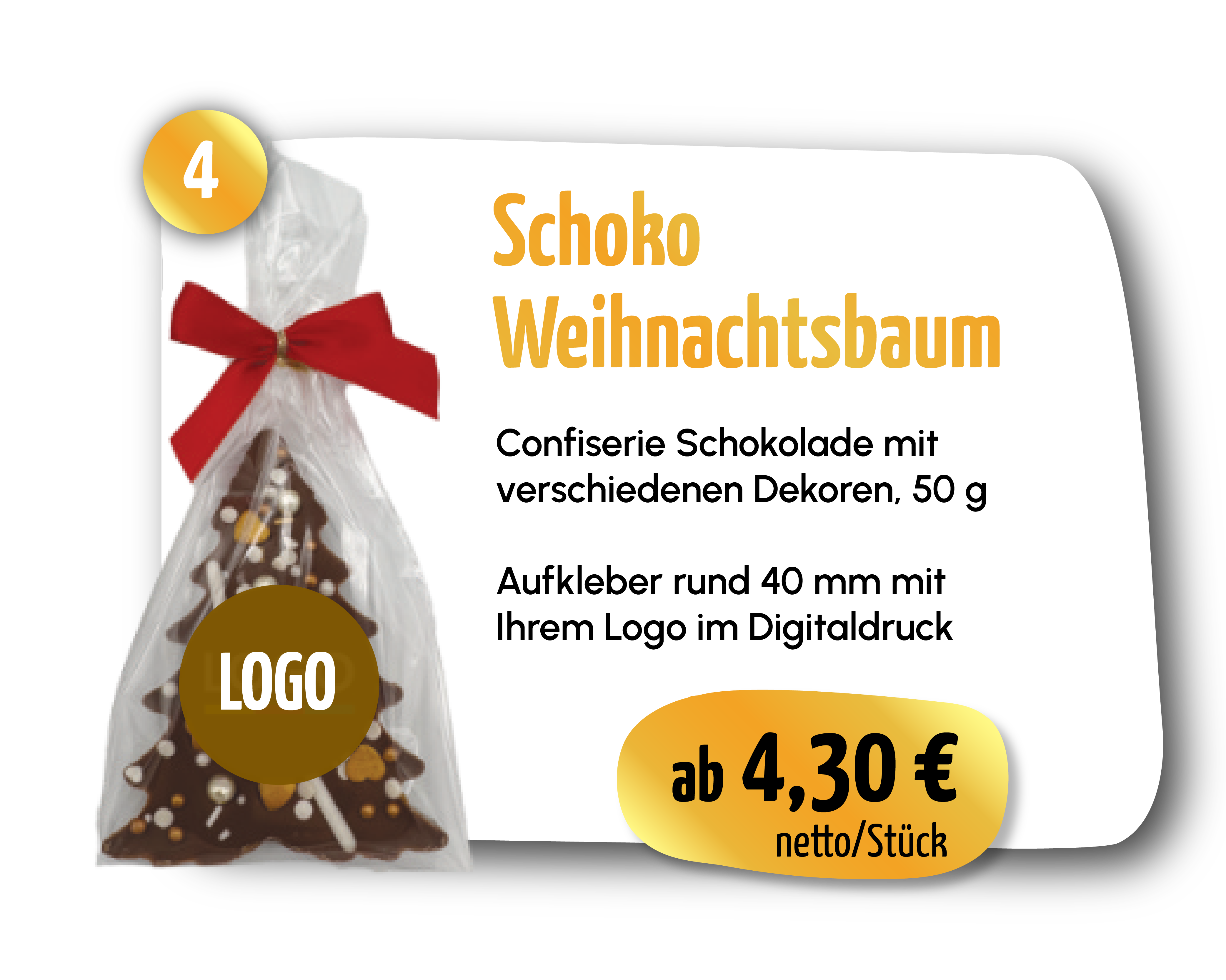 Schoko Weihnachtsbaum – Confiserie Schokolade mit verschiedenen Dekoren, 50 g. ab 4,30 € netto/Stück
