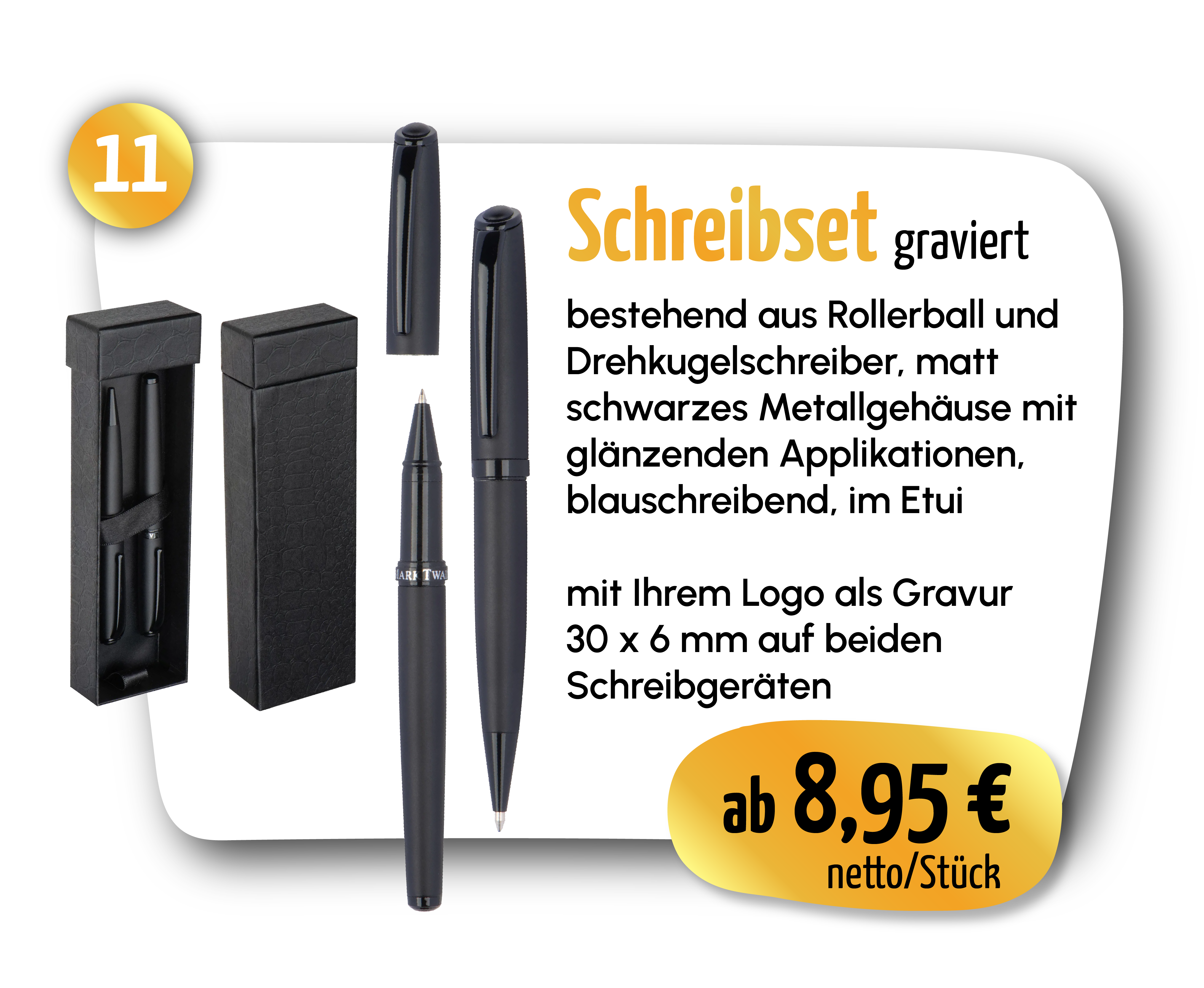 Schreibset graviert – Rollerball und Drehkugelschreiber, mattschwarzes Metallgehäuse mit glänzenden Applikationen, blauschreibend, im Etui. ab 8,95 € netto/Stück